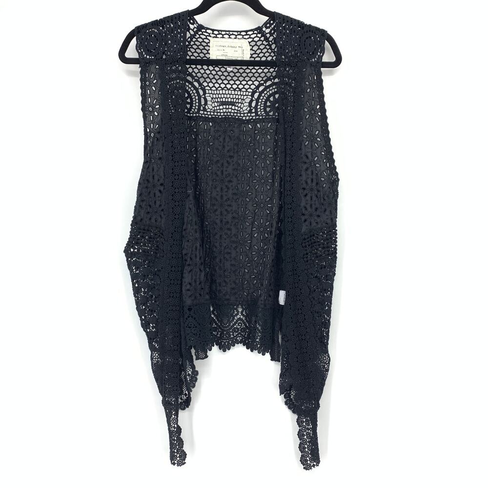 Johnny Was Vintage Womens XL Black Crochet Lace Waterfall Vest Open Front Silk